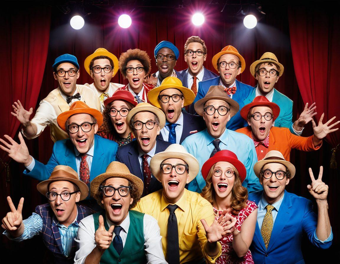A vibrant stage set featuring a diverse group of comedians in the midst of a hilarious sketch. Include props like oversized glasses, funny hats, and exaggerated facial expressions, all capturing the essence of humor and satire. The backdrop showcases colorful, whimsical caricatures of classic comedy icons. Bright spotlights beam down, highlighting the joyful chaos on stage. super-realistic. vibrant colors. theater atmosphere.