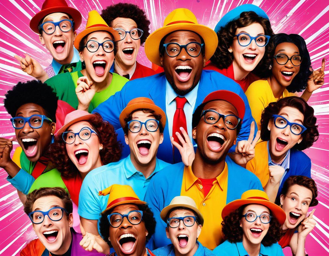 A vibrant collage of comedic moments featuring diverse characters in exaggerated poses, laughing, and engaging in humorous antics. Include a brightly colored stage with spotlights and props like a whoopee cushion, oversized glasses, and funny hats. Capture a joyful audience in the background, reacting with laughter. The overall tone should be playful and lively, emphasizing the spirit of witty comedy and parody. cartoon style. vibrant colors. high energy.