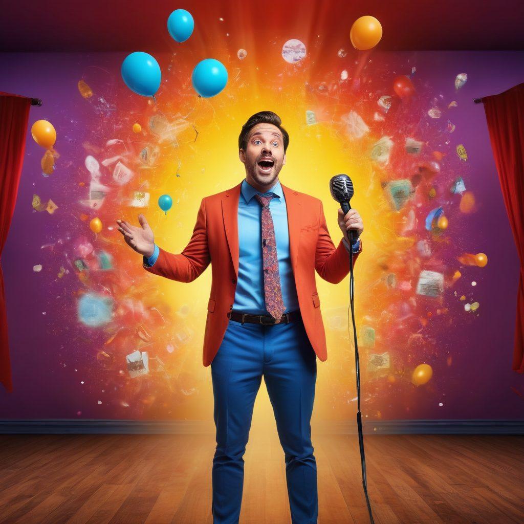 A vibrant stage setting featuring a stand-up comedian holding a microphone, surrounded by whimsical sketches floating around him, illustrating witty gags and ironic situations. The background is a colorful burst of laughter bubbles and playful imagery, blending the worlds of performance and artistry. The scene conveys joy and creativity, inviting the viewer into the world of humor. super-realistic. vibrant colors. dynamic composition.
